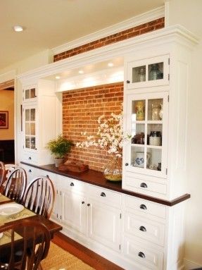 I like the built in dining room hutch and cabinets with exposed stone. Dining Room Built In Cabinets, Dining Room Built Ins, Dining Room Built In, Built In Buffet, Dining Room Cabinet, Dining Room Hutch, Kabinet Dapur, Dining Room Buffet, Muebles Living