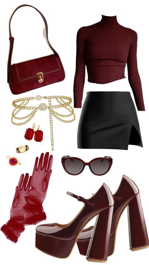 full red. dark red. outfit #outfit #outfitinspo #outfitinspiration #darkred #red #redaesthetic Red Statement Outfit, Cherry Color Outfit, Red Outfit Collage, Wine Color Outfits, Dark Red Outfit Ideas, Wine Red Outfit Ideas, Burgundy Purse Outfit, Cherry Red Outfit Ideas, Cherry Outfit Aesthetic