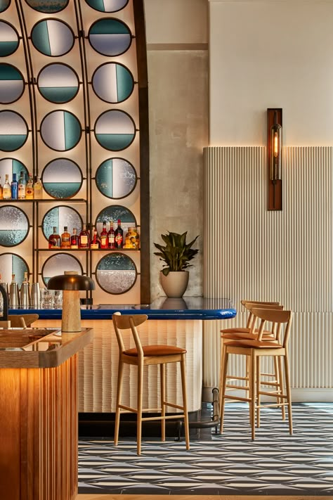 Leather Banquette Seating, Cafe Restaurant Design, Leather Banquette, Ombre Curtains, Rockwell Group, Bar Restaurant Design, Restaurant Aesthetic, Ritz Carlton Hotel, Hand Painted Pendant