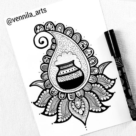 Pongal Mandala Art Pongal Mehndi Designs, Pongal Doodle Art, Pongal Drawing For Competition, Pongal Mandala Art, Pongal Drawing, Sankranti Drawing, Moodboard Drawing, Mandala For Beginners, Pongal Pot