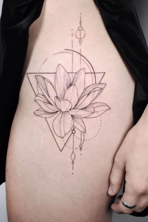 Triangle Lotus Tattoo, Geometrical Tattoos For Women, Lotus Flower Tattoo Geometric, Lotus Flower Side Tattoo, Lotus Flower Tattoo Fine Line, Geometric Lotus Tattoo Design, Fine Line Lotus Flower Tattoo, Lotus Leg Tattoo, Lotus Shoulder Tattoos For Women