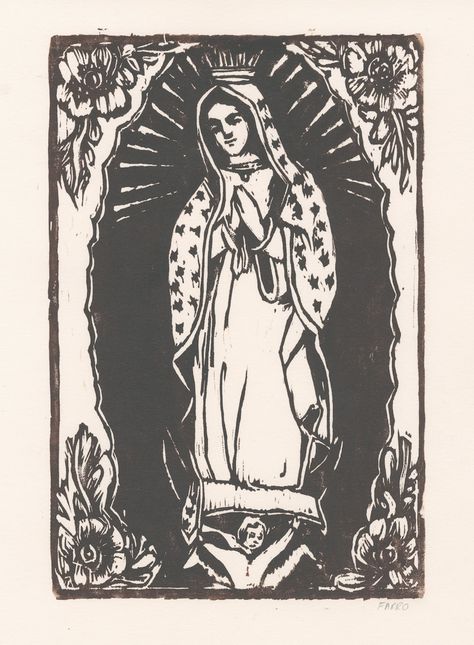 Virgin Guadalupe, Lady Guadalupe, Virgin Mary Art, Linocut Art, Fairytale Illustration, Our Lady Of Guadalupe, Lady Of Guadalupe, Fitted Shirt, Catholic Art