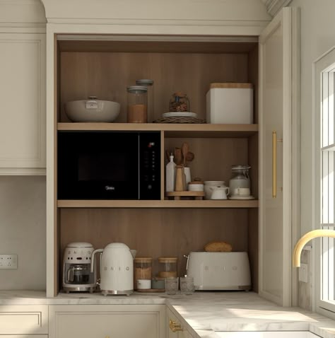 Muli | We always aim to fit a larder unit into a kitchen, it’s the best way to store small appliances and food items when a walk in pantry isn’t… | Instagram Pantry Idea For Small Kitchen, Small Appliance Cabinet Kitchen, Pocket Door Pantry Kitchen, Extra Small Kitchen Ideas, Appliance Cupboard Kitchen, Appliance Cabinet Kitchen, Small Appliance Cabinet, Small Kitchen Pantry Ideas, Cabinet With Pocket Doors