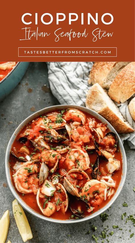 This easy Cioppino recipe is a classic Italian seafood stew, full of fresh flavors and simple ingredients. It’s the best dish for seafood lovers, combining fish, shrimp, and clams in a flavorful broth. Perfect for a cozy night in or a special dinner. Try this easy seafood soup today and enjoy a taste of Italy! Click to get the recipe now! Fish Stew Recipes Seafood, Cioppino Recipe Easy, Easy Cioppino, Italian Fish Stew, Italian Seafood Stew, Italian Fish, Cioppino Recipe, Seafood Stew Recipes, Italian Seafood