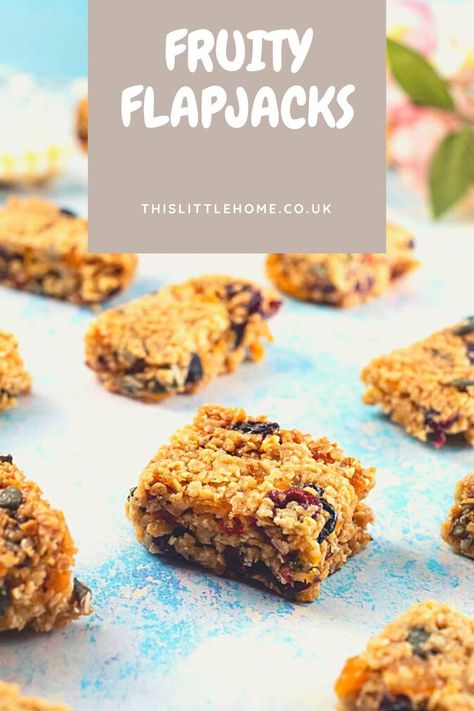 A close up view of a portion of fruit flapjacks. Fruity Flapjacks, Flapjacks Recipe, Flapjack Recipe, Golden Syrup, Homemade Snacks, Mixed Fruit, Baking Tins, Granola Bars, Rolled Oats