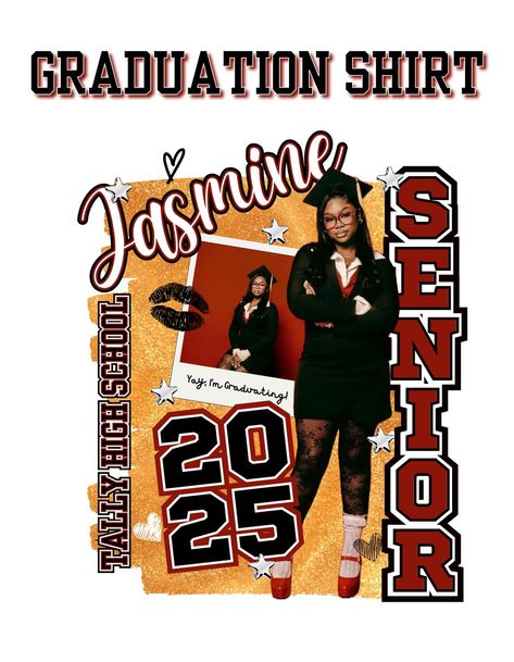 Custom Senior Graduation Shirt - Personalized for Your Special Moment!    Celebrate your senior year in style with this fully customizable graduation shirt! Perfect for high school or college graduates, this trendy tee is designed to be as unique as your journey. Whether you're customizing it with your school colors, photos, or personal details, this shirt is a keepsake you'll cherish forever.    Features   - Fully customizable design (photos, school colors, text, and more)   - Comfortable and high-quality fabric for all-day wear   - Unisex design, perfect for both girls and boys   - Available in multiple sizes and color options    Ideal for   - Graduation gifts for her or him   - Senior year photoshoots   - School events and pep rallies   - Commemorating your Class of 2025 achievements Class Of 2026 Shirt Ideas, Senior Crewneck Ideas, Senior Shirts Ideas 2025, Graduation Shirt Designs, Senior Sweatshirts Ideas, 2026 Graduation, Graphic Design Learning, Senior Shirt Ideas, Graduation Shirt Ideas