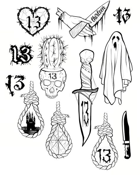 No photo description available. Flash Art Tattoos, Halloween Tattoo Flash, Friday The 13th Tattoo, 13 Tattoos, Kunst Tattoos, Tattoo Zeichnungen, Flash Tattoo Designs, Tattoos Geometric, Tattoo Flash Sheet