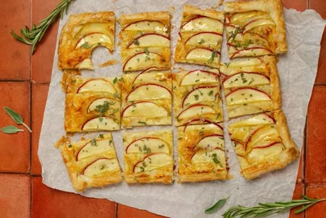 Herby White Cheddar and Cosmic Crisp® Apple Tart - Apple Cheddar Tart, Ladies Wine Night, Cosmic Crisp Apple, Holidays Appetizers, Apple Recipes For Fall, Puff Pastry Recipes Appetizers, Apple Salsa, Apple Bites, Apple Pizza