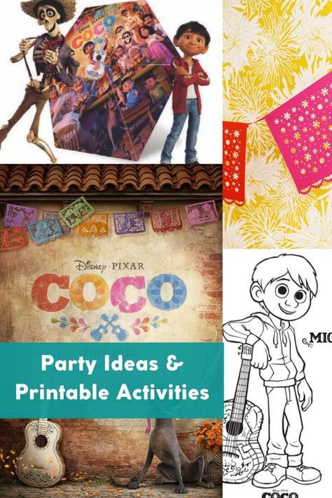 One-stop for party planning ideas, recipes, decor, games, and printable activities for a Pixar's Coco themed movie night or birthday party. Marigold crafts, tamale recipes, DIY or purchased decor, coloring pages, and more for Day of the Dead / Dia de los Muertos parties. via @jenniferkaufman Day Of The Dead Party Games, Coco Party Games, Mexican Birthday Party Kids, Coco Movie Night, Diy Birthday Party Games, Tamale Recipes, Disney Party Games, Themed Movie Night, Disney Camp