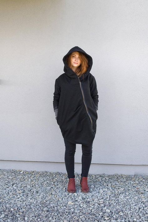 Wool Fall Jacket Black Hoodie Asymmetrical Coat Warm Autumn | Etsy Wool Winter Jacket, Black Jacket Hoodie, Black Hooded Coat, Pixie Outfit, Asymmetrical Coat, Sweater Zipper, Womens Hoodies, Hoodie Oversize, Gothic Clothing