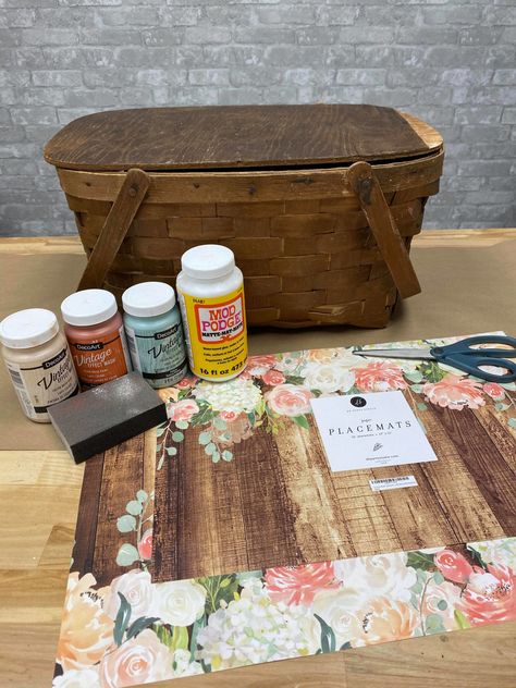 Paper Placemat Craft Using A Picnic Basket - The Shabby Tree Vintage Basket Decor Ideas, Painted Vintage Picnic Basket, Picnic Basket Makeover Ideas, Decorating With Picnic Baskets, Vintage Picnic Basket Decor, Picnic Basket Crafts, Picnic Basket Makeover, Picnic Basket Diy, Picnic Basket Decor