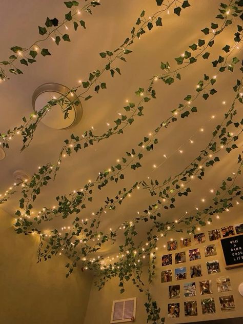 Lights Over Bed Hanging, Vine Decoration Bedroom, Vines And Twinkle Lights, Led Lights Inspo Bedroom, Fairy Lights With Vines Bedroom, Hanging Vines Lights, Room With Vines On Ceiling, Ceiling Ideas Aesthetic, Vine Lights On Ceiling