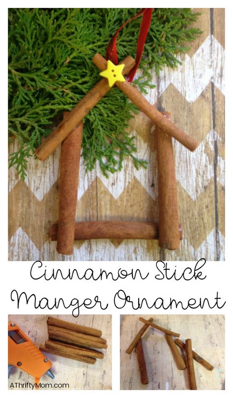 Make your own Cinnamon Stick Manger Ornament for an ornament that will become a favorite keepsake and smells so very good Cinnamon Stick Ornaments Diy, Cinnamon Sticks Crafts, Things To Do With Cinnamon Sticks, Diy Cinnamon Stick Ornaments, Inexpensive Ornaments To Make, Homemade Cinnamon Ornaments Recipe, Christian Kids Christmas Crafts, Christmas Crafts With Cinnamon Sticks, Manger Christmas Decor