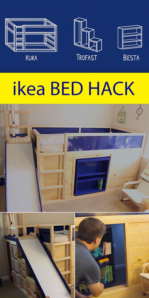 Crazy ingenious ikea Hack! Includes a secret room behind the bookshelf, and much more! Diy Slide For Bed, Loft Bed Toy Storage, Diy Bed Slide, Ikea Kura Bed Hack Boys, Ikea Hack Lit, Ikea Kura Bed Hack, Kura Bed Hack, Bed Fort, Ikea Kura Hack