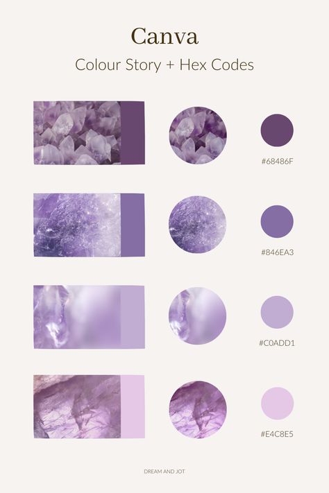 A beige background with four different images of amethyst crystals in a rectangle, a circle image of the same photo and then the corresponding colour hex code beside them. Titled: Canva Colour Story + Hex Codes Amethyst Color Palette, Colour Palette With Hex Codes, Purple Hex, Color Palets, Minimalist Wallpaper Phone, Calm Color Palette, Vintage Colour Palette, Website Color Palette, Pantone Colour Palettes