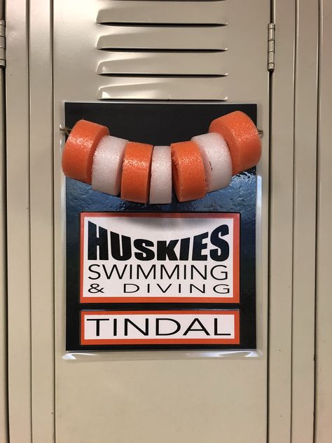 Swimming, swim team, pool, pool noodles, locker decorations Swim Team Locker Decorations, Swim Team Locker Signs, Swimming Locker Decorations, Swim Locker Decorations, Swim Locker Signs, Swim Meet Poster Ideas, Swim Team Bulletin Board Ideas, Swim Team Banquet Ideas, Team Locker Decorations