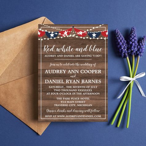 Patriotic Lights Fourth of July Banner Wedding Invitation Zazzle July Wedding Invitations, Fourth Of July Banner, July 4th Wedding, Patriotic Wedding, Patriotic Banner, Banner Wedding, Star String Lights, Wedding Anniversary Invitations, Blue Banner