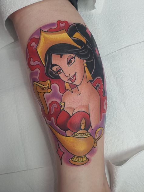 The newest Addition to my Disney leg Princess Jasmine Charmed by Jaffar. Artist is Steve at Vintage Lane Tattoos Brisbane @tattoos.by.steve #tattoo #tattoos #beauty Princess Jasmine Tattoo, Steve Tattoo, Jasmine Alladin, Aladdin Tattoo, Jasmine Tattoo, Brisbane Tattoo, Princess Tattoo, Disney Jasmine, Disney Tattoo