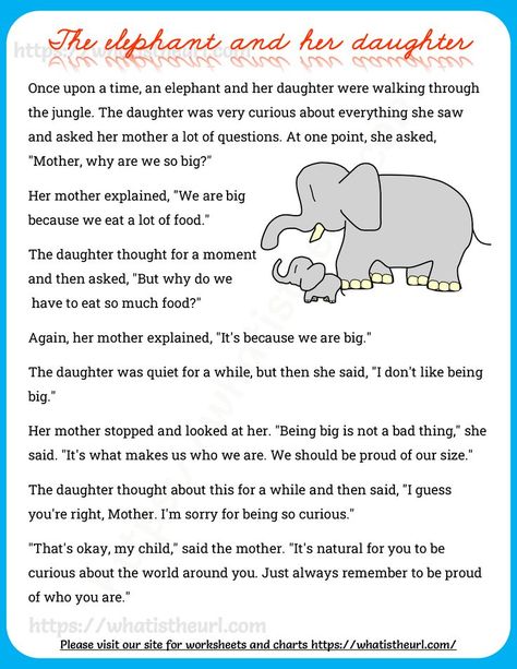 This is a beautiful story made for reading comprehension.  We have added 10 questions to the story.  So, the teachers can choose them and ask the students.Please download the PDF The elephant and her daughter – a reading Comprehension for Grade 5 Comprehension For Grade 5, Short Fables, Short Fiction Stories, Short Stories To Read, Fables For Kids, Motivational Short Stories, Read A Thon, School Counseling Activities, English Short Stories