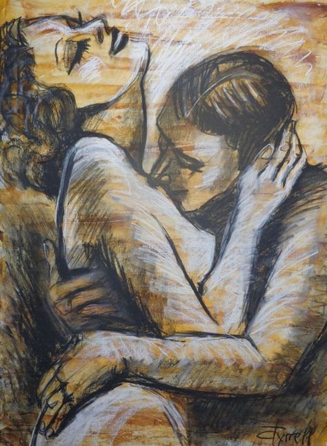 Lovers - Mon Amour Original contemporary figurative drawing on paper, unframed. Made using charcoal, white chalk and yellow acrylic.  Inspired by the romantic scenes in silent movies and black and white movies, I decided to create a series of different drawings on paper based on this idea. I like the way love scenes where shown at that time and this makes me smile. The series aims to be a little bit humorous. Size 30" x 22" (76 cm x 56 cm). Certificate of Authenticity. Deliver carefully roll... Different Drawings, Drawings On Paper, Figurative Drawing, Romantic Paintings, Black And White Movie, Drawing On Paper, Romance Art, Female Art Painting, Love Scenes