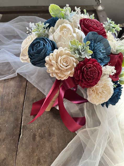 Blue, Wood Flowers, Bridal Bouquet, Red And Blue, Wedding Flowers, Wood, Flowers, Red