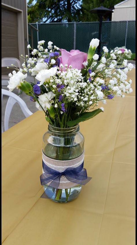 Ribbon Vase Ideas, Canning Jar Flower Arrangements, Ribbon Around Vase, Vase With Ribbon, Diy Flower Vase, Lace Vase, 21 Birthday Ideas, Senior Year Graduation, High School Class Reunion