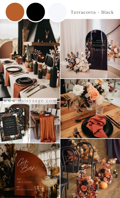 Terracotta and Black Wedding Color Theme Black Sage And Burnt Orange Wedding, Cooper Wedding Theme, Rust And Black Wedding Theme, Wood Wedding Theme, Black And Rust Wedding, September Wedding Colors Schemes, Wedding Color Theme Ideas, Black Rustic Wedding, Terracotta Wedding Color