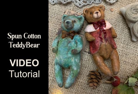 Spun Cotton Teddybear (VIDEO CLASS, plus PDF pattern) Learn to make a SPUN COTTON TEDDY BEAR in an instructonal video class. CLASS DESCRIPTION: A fun class making your own Teddy bear miniature figure (4.5 inches) in vintage style with spun cotton technique. We will be working with layers of cotton, painting, and decorating. Specifics of working with spun cotton.  Super cute project. PART 1 INCLUDES:  How to make glue for spun cotton figure, overview of materials, armature making, building the he Spun Cotton Tutorial, Teddy Bear Video, Teddy Painting, Bear Video, How To Make Glue, Animal Noses, Teddy Bear Ornament, Cotton Painting, Painting And Decorating