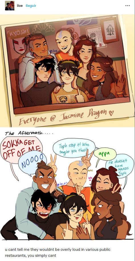 the fact that the original artist also drew the shitposty aftermath drawing is everything to me for some reason Zukka Fanart, Atla Art, Fan Art Avatar, Suki Avatar, Family Fanart, All Out Anime, Avatar Legend Of Aang, Atla Memes, Corpse Party