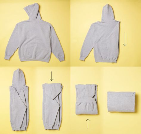 How Do You Fold A Hoodie, How To Fold A Jacket With A Hood, How To Gift Wrap A Hoodie, How To Wrap A Hoodie, Hoodies Storage Ideas, How To Wrap A Hoodie As A Gift, Folding Sweatshirts, Fold A Sweatshirt, Hoodie Storage Ideas