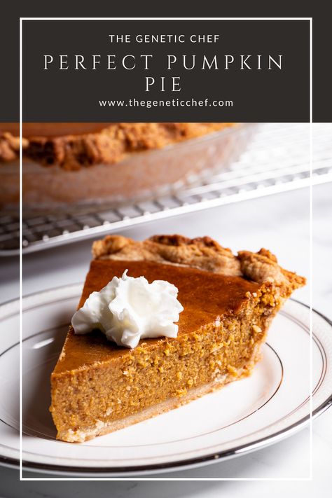 This Pumpkin Pie will be the perfect centerpiece for your Thanksgiving dessert table. The filling is made in one bowl, you don’t have to blind bake the crust, and you can use a store-bought crust without judgement. It’s the perfect pumpkin pie for all you pumpkin lovers out there. #pumpkinpie #pie #pumpkin #Thanksgivingdessert #pumpkindessert #recipe | @thegeneticchef Holiday Pies Recipes, Healthy Pumpkin Pie Recipe, Pumpkin Pie Bars Recipe, Pumpkin Filling, Perfect Pumpkin Pie, Thanksgiving Desserts Table, Healthy Pumpkin Pies, Pie Bar Recipes, Pumpkin Pie Bars