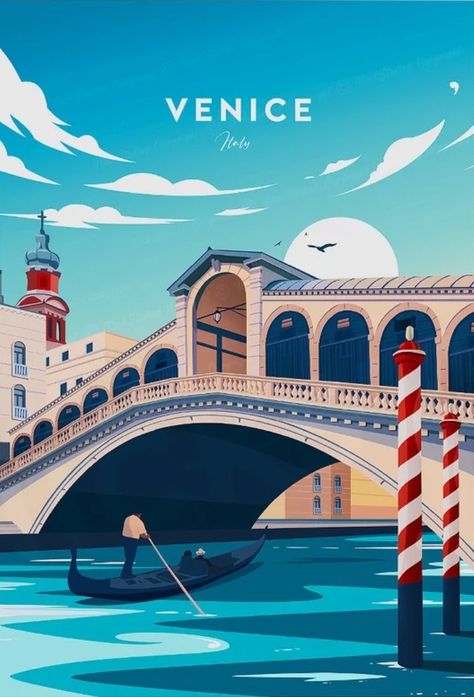 Venice Poster Vintage, Venice Italy Poster, Venice Illustration Art, Venice Postcard, Venice Illustration, Venice Poster, Vintage Italian Posters, Pink Canvas Art, Italy Poster