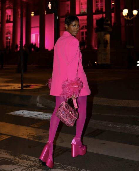 Pink Blazer Jeans, Pink Tights Outfit, Pink Blazer Outfit, All Pink Outfit, Bright Blazer, Hot Pink Pants, Hot Pink Blazers, Pink Tights, White Mini Skirt