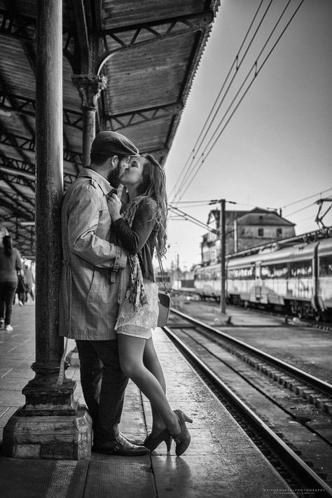 Railroad Photoshoot, Engagement Photo Shoot Poses, Engagement Pictures Poses, Romantic Background, Railroad Photos, Deep Art, Engagement Inspo, Save The Date Photos, The Kiss