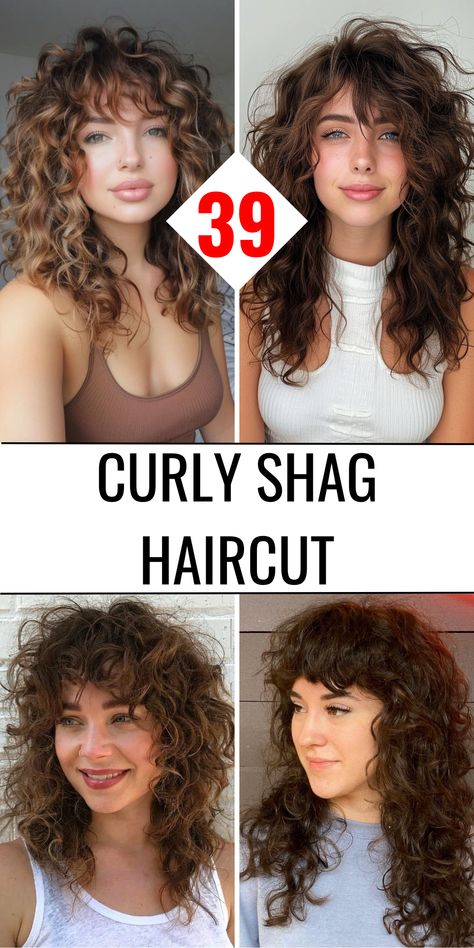 Embrace Your Waves: 39 Curly Shag Haircut Ideas for a Chic Look Bangs For A Round Face, Long Shaggy Haircuts, Shaggy Layered Haircut, Shaggy Curly Hair, Shag Haircut Ideas, Curly Shag, Curly Shag Haircut, No Bangs, Long Shag Haircut