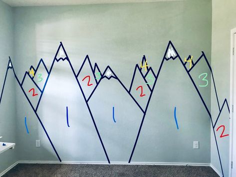 DIY Geometric Mountain Mural Mountain Mural Kids Room, Diy Mountain Mural, Mountain Wall Painting, Diy Mountain, Adventure Theme Nursery, Mountain Mural, Kids Room Paint, Geometric Mountain, Room Wall Painting