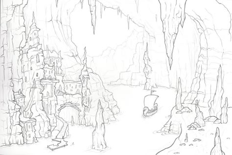 "Cave" sketch (full color rendition-coming soon). Karissa Hunter Cave Sketch, Room Perspective Drawing, Water Sketch, Storyboard Drawing, Cave Drawings, Drawing Interior, Rock Textures, Water Drawing, Crystal Cave