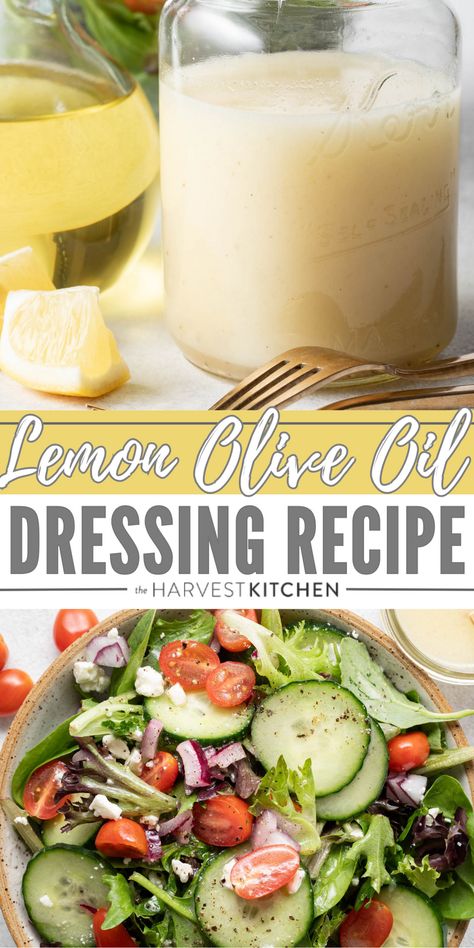 This Lemon Olive Oil Dressing recipe is bright and flavorful and so easy to make. Whip up a fresh batch of this easy lemon olive oil salad dressing to serve with all of your favorite salads. Lemon And Oil Salad Dressing, Lemon Olive Oil Salad, Olive Oil Salad Dressing Recipe, Olive Oil Dressing Recipes, Lemon Dressing Recipe, Olive Oil And Lemon Dressing, Lemon Olive Oil Dressing, Lemon Salad Dressing, Salad Dressing Recipes Vinaigrette