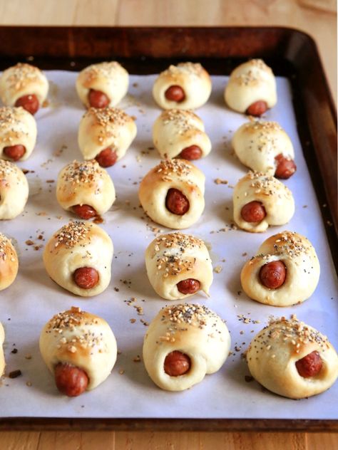 Everything Spice Pigs in a Blanket - Completely Delicious Pigs In A Blanket Recipe, Sausage Wrap, Hot Dog Sauce, Cocktail Sausages, Bite Size Snacks, Spicy Brown Mustard, Beef Hot Dogs, Crescent Dough, Puff Pastry Sheets