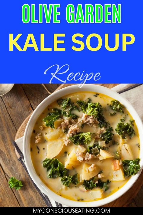 Kale soup with a spoon Kale Soup Recipes Sausage, Olive Garden Kale Soup, Olive Garden Soup Recipes, Ground Turkey Sausage, Kale Soup Recipes, Milkshake Recipe Chocolate, Chicken Kale, Olive Garden Recipes, Garlic Breadsticks