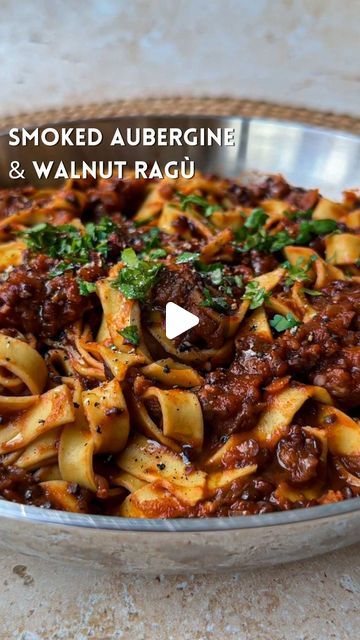 Smoked Aubergine Walnut Ragu, Aubergine Recipes Vegetarian, Aubergine Ragu, Walnut Ragu, Aubergine Dishes, Smoked Aubergine, Rachel Ama, Tomato Passata, Aubergine Recipe