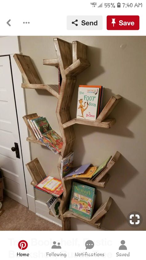 Forest Toddler Room Boys, Woodland Nursery Bookshelf, Tree Theme Nursery, Tree Bookshelf Nursery, Woodland Bookshelf, Tree Bookshelf Diy, Bookcase Decorating Ideas, Diy Bookshelf Plans, Shelf Tree