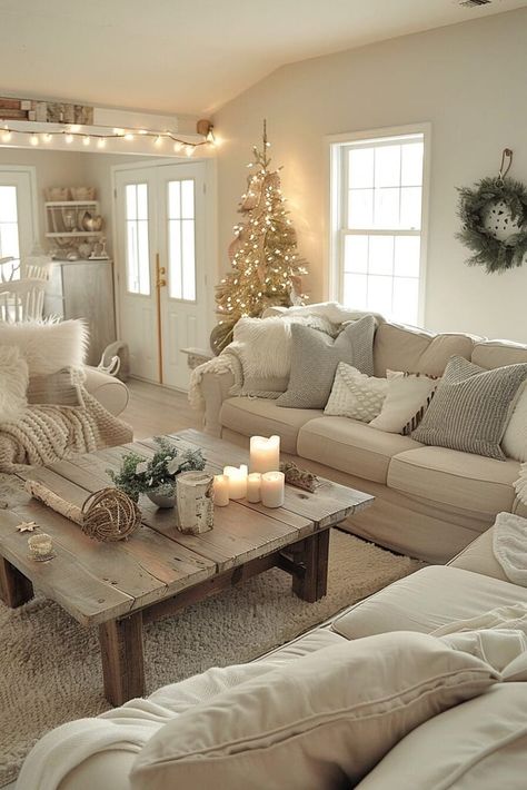 72 Neutral Living Room Ideas That Are So Chill, They'll Practically Pay Your Rent Cozy Sitting Room Ideas, Hygge Living Room Ideas, White Christmas Living Room, Cream Couch Living Room, Cosy Cottage Living Room, Beige And White Living Room, Cream Living Rooms, Farmhouse Style Living Room, Sitting Rooms