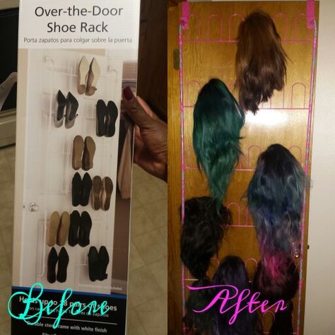 Diy wig holder under $13!!!!      YOU WILL NEED  -Shoe rack   -Spray paint (1 can)   -Any color nail polish (that you have @ home) Wig Holder Ideas, Diy Wig Storage, Wig Storage Ideas At Home, Wig Organization Ideas, Wig Organization, Wig Organizer, Wigs Storage Ideas, Hair Organization, House Manifestation