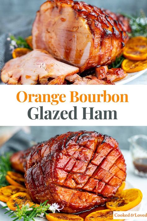 This festive, oven-baked, orange bourbon glazed ham is a table masterpiece you'll want to make for every holiday, whether it's Thanksgiving, Christmas or Easter. Salty ham is paired with the most incredible sticky glaze with the subtle flavours of citrus, maple, holiday spices and bourbon. Don't worry, it's alcohol-free as most of that is evaporated during cooking. This is the Christmas ham I plan to make this year. via @irena_macri Strawberry Pretzel Jello Salad Recipe, Christmas Ham Dinner, Glazed Baked Ham, Glaze Ham, Pineapple Glazed Ham, Orange Glazed Ham, Baked Ham Recipe, Thanksgiving Ham, Ham In The Oven