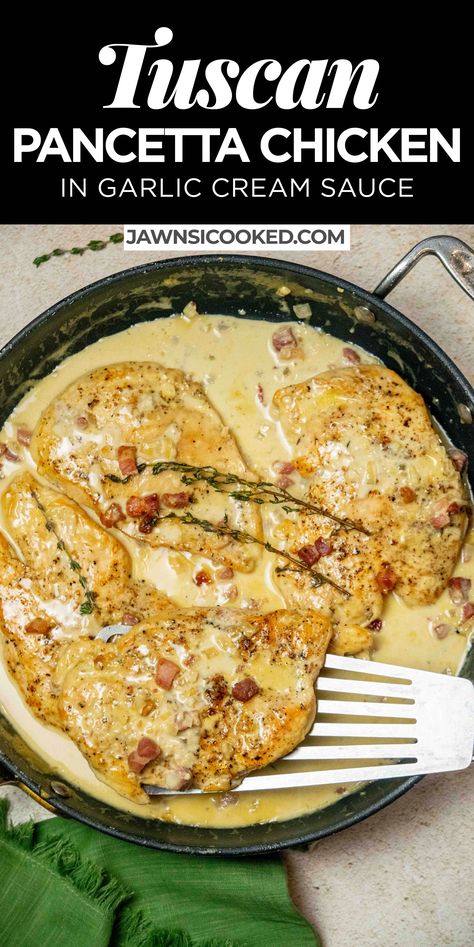 This delicious Tuscan Pancetta Chicken recipe combines tender, well browned chicken breast, delicious porky pancetta, and an herb garlic cream sauce, for a restaurant quality meal you can make any night of the week! Italian Cooking Class, Garlic Cream Sauce, Dinner Inspiration, Grilling Chicken Breast, Chopping Block, Yummy Chicken Recipes, Creamy Mashed Potatoes, Chicken Cutlets, Food Heaven