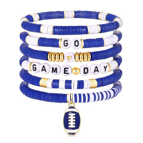 PRICES MAY VARY. It's Game Day Baby! Whether you are watching from home or cheering in the stands, it's time to accessory up in your team colors and get ready to root on your favorite high school, college or pro teams. It features a set of 6 heishi beaded bracelets, adorned with 6mm red and black polymer clay vinyl disc beads and with White & Gold Letter Beads spelling "HAPPY GAME DAY", Wear these red black team color bracelets with your favorite team game day outfits to complete your game day l Diy Team Bracelets, Red White And Blue Jewelry, School Spirit Jewelry, Game Day Jewelry, Game Day Accessories, Football Bracelet Ideas, School Spirit Bracelets, Falcon Jewelry, Cheer Bracelets