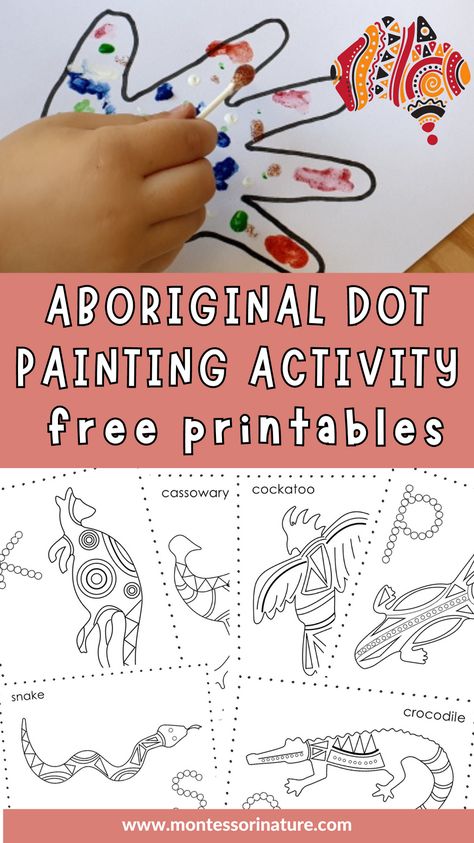 I excited to share with you the Aboriginal Dot Painting Activity, a free printable coloring sheet that combines traditional indigenous line art with dot letters for kids to practice their dot painting skills. This activity is not only a fun and creative way for children to express themselves, but it also provides a unique opportunity for them to learn about and appreciate the rich cultural heritage of Australia’s Indigenous people. Aboriginal Preschool Activities, Aboriginal Art Ideas, Indigenous Australian Art Dot Painting, Preschool Indigenous Activities, Aboriginal Craft For Kids, Indigenous Dot Painting, Australia Art Projects For Kids, Truth And Reconciliation Art For Kids, Australia Activities For Kids