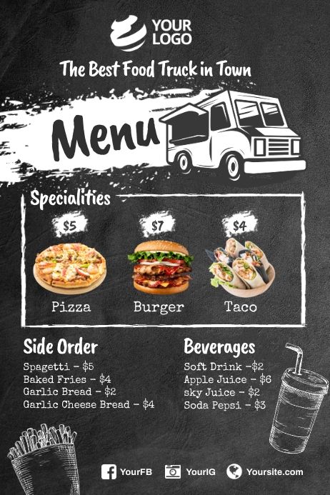 Design created with PosterMyWall Food Truck Flyer Ideas, Food Truck Menu Board Ideas, Food Truck Poster, Food Truck Flyer, Food Truck Menu Ideas, Loaded Food, Cook Logo, Menu Poster, Food Truck Menu