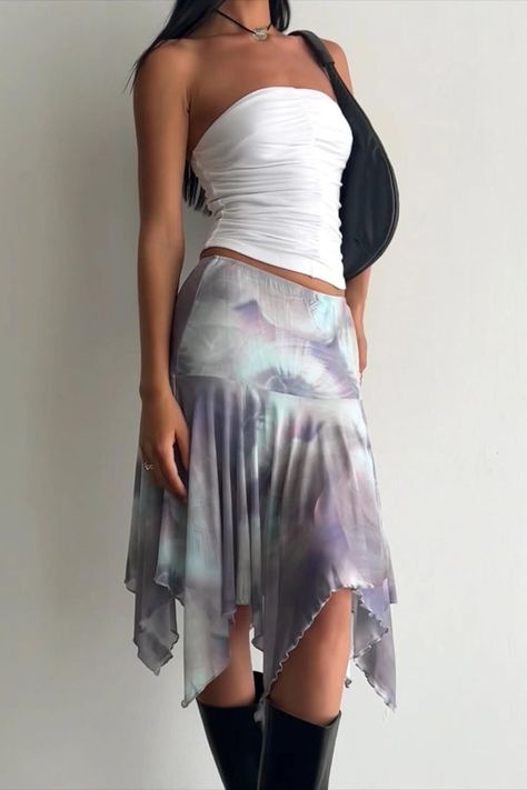 Motel Rocks Jovali Low Waist Midi Skirt in Printed Pearly Shell Asimetric Skirt Outfit, Low Waist Midi Skirt, Asymmetrical Skirt Outfit, Float Skirt, Day Party Outfit, Asymmetrical Skirts, Midi Skirt Fits, Skirt Frill, Mexico Outfits